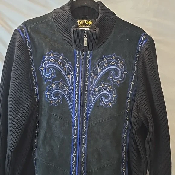 Vtg Bob Mackie Wearable Leather & Knit Jacket Embroidered Black Sz XL Statement! - Picture 2 of 16